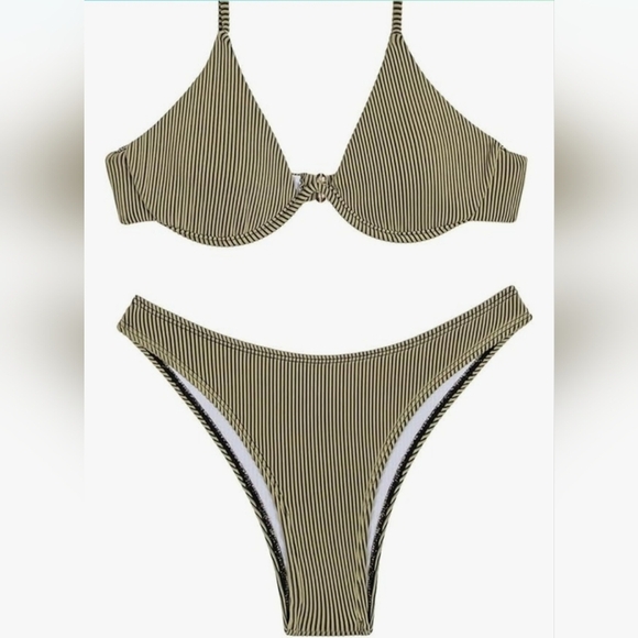 94.🆕 Medium Underwire Triangle Ribbed Textured Olive Bikini  NWOT - Picture 3 of 4